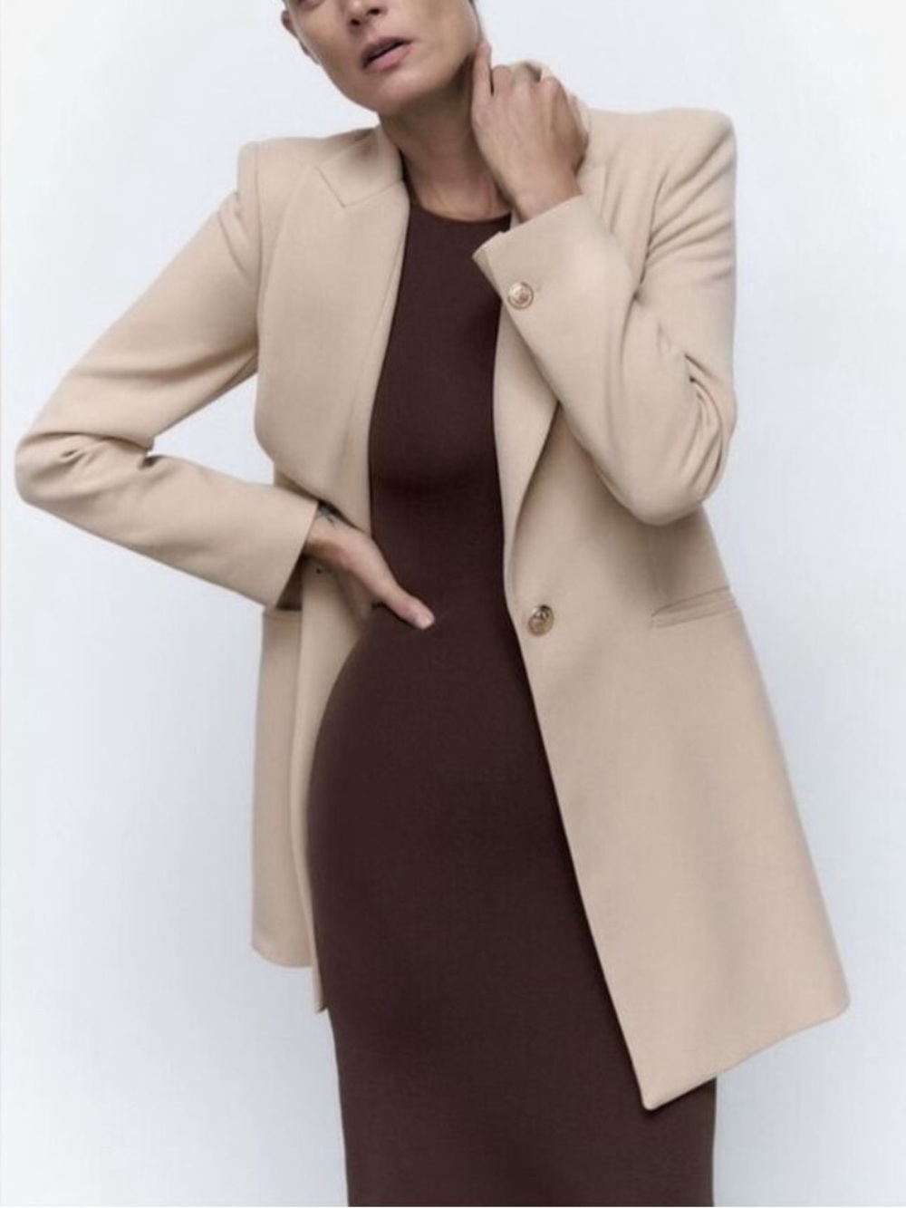 Zara Tailored Neutral Tan One Button Long Blazer Jacket